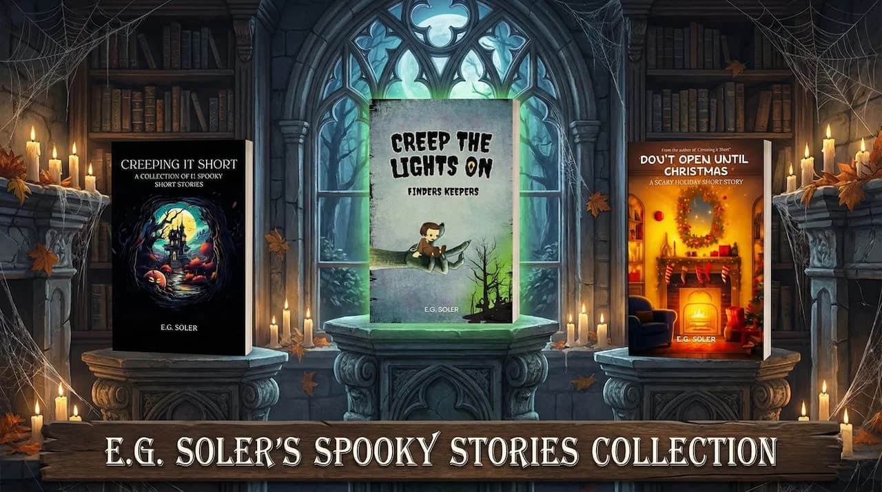 E.G. Soler’s Spooky Stories Collection: the books Creeping It Short, Creep the Lights On: Finders Keepers, and Don’t Open Until Christmas on display in a candlelit gothic library