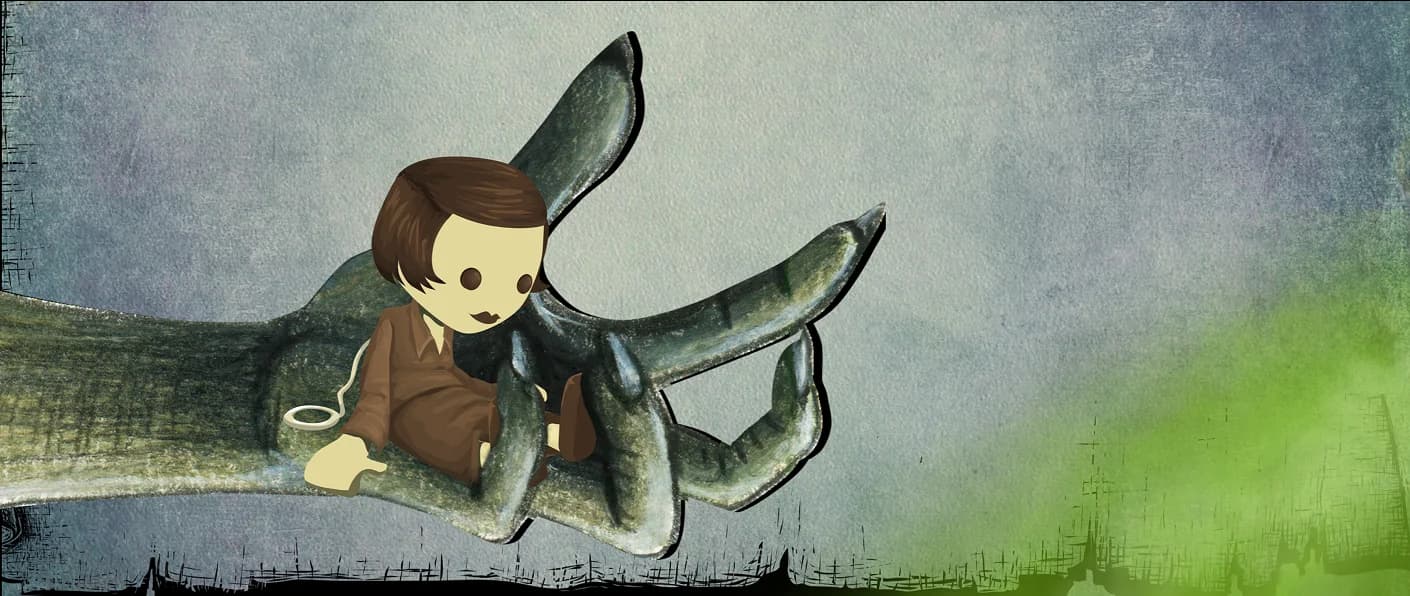 Illustration of a small figure sitting in the palm of a giant clawed hand